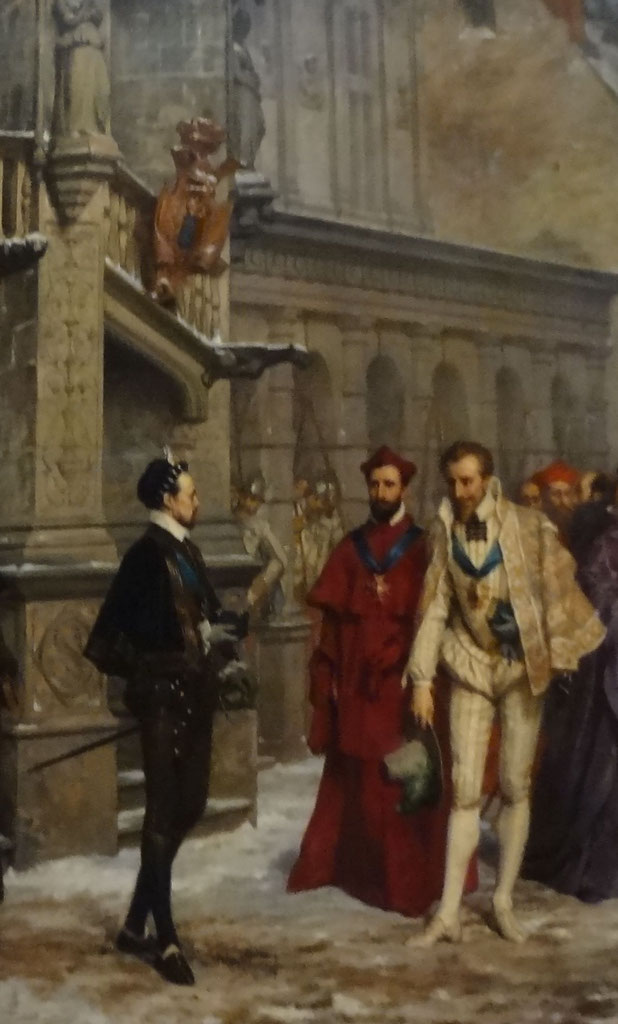 Henri III habillé de noir à gauche acceuille aimablement à Blois le duc de Guise et son frère le cardinal. Source Laure Trannoy. 2016