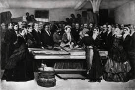 Visite de l'empereur Napoléon III et de l'impératrice Eugénie à la manufacture de Saint Gobain en 1858