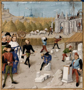 Dagobert visitant le chantier de la construction de Saint-Denis. Robinet Testard. Les Grandes Chroniques de France. Poitiers, XVe siècle. Paris, (Source : BNF, Département des manuscrits Français 2609.Chronique.Wikipedia)