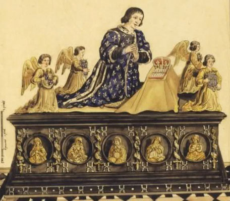 Tombeau Charles VIII Gaignière 2 par François Roger de Gaignières. Dessin provenant des recueils de Gaignières (tombeaux, volume 2 folio 48). (Source : Sous licence Domaine public via Wikimedia Commons - http://bit.ly/1V6jbVs)