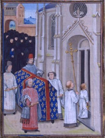 Funérailles de Philippe VI : l'éffigie n'est pas encore intégrée au cérémonial. (Source : Chroniques de Jean Froissart, BNF.Téléversé par Cyberprout, Wikimedia)