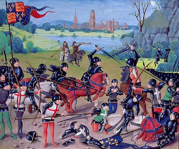 Agincourt.1415, English with Flemish illuminations, from the 'St. Alban's Chronicle' by Thomas Walsingham (vellum), English School, (15th century).Lambeth Palace Library, London, UK / The Bridgeman Art Library, Domain